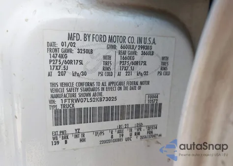 2002 Ford F-150 Lariat/Xlt z USA, uszkodzony, nr VIN 1FTRW07L52KB73025